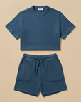 Completo Coordinato Uomo Camicia Slub e Pantaloncini - Blu Petrolio
