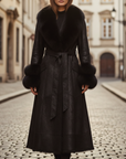 Cappotto Donna Lungo in Pelle Sintetica con Collare in Pelliccia