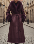 Cappotto Donna Lungo in Pelle Sintetica con Collare in Pelliccia