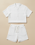 Completo Coordinato Uomo Colletto Coreana in Lino e Pantaloncini - Bianco