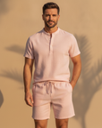 Completo Coordinato Uomo Camicia Fiammata Pastello e Pantaloncini - Rosa Pastello - indossato