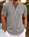 Camicia in lino da uomo Silas - Camicia estiva traspirante con collo Henley e maniche corte