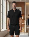 Completo Coordinato Uomo a Coste – Camicia Colletto Coreana e Pantaloncini - Nero - indossato
