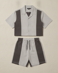 Completo Coordinato Uomo Camicia Color Block e Pantaloncini - Grigio e Blu