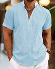 Camicia in lino da uomo Silas - Camicia estiva traspirante con collo Henley e maniche corte