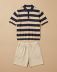 Completo Coordinato Uomo Polo Testurizzata a Righe e Bermuda - Navy e Panna