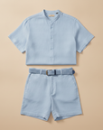 Completo Coordinato Uomo Camicia Lino Premium e Pantaloncini con Cintura - Azzurro Polvere