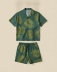 Completo Coordinato Uomo Camicia Camp Fantasia Foglie e Pantaloncini - Foglie Blu