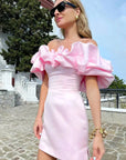 Vestito Mini Satinato Spalle Scoperte per Donna – Taglio Aderente con Volant