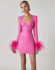 Abito bodycon donna mini – Collo quadrato e polsini in piume fantasia