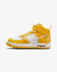 Nike Air Force 1 Mid Off-White Varsity Maize sneakers alte uomo e donna pelle bianco giallo, vista laterale