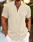 Camicia in lino da uomo Silas - Camicia estiva traspirante con collo Henley e maniche corte