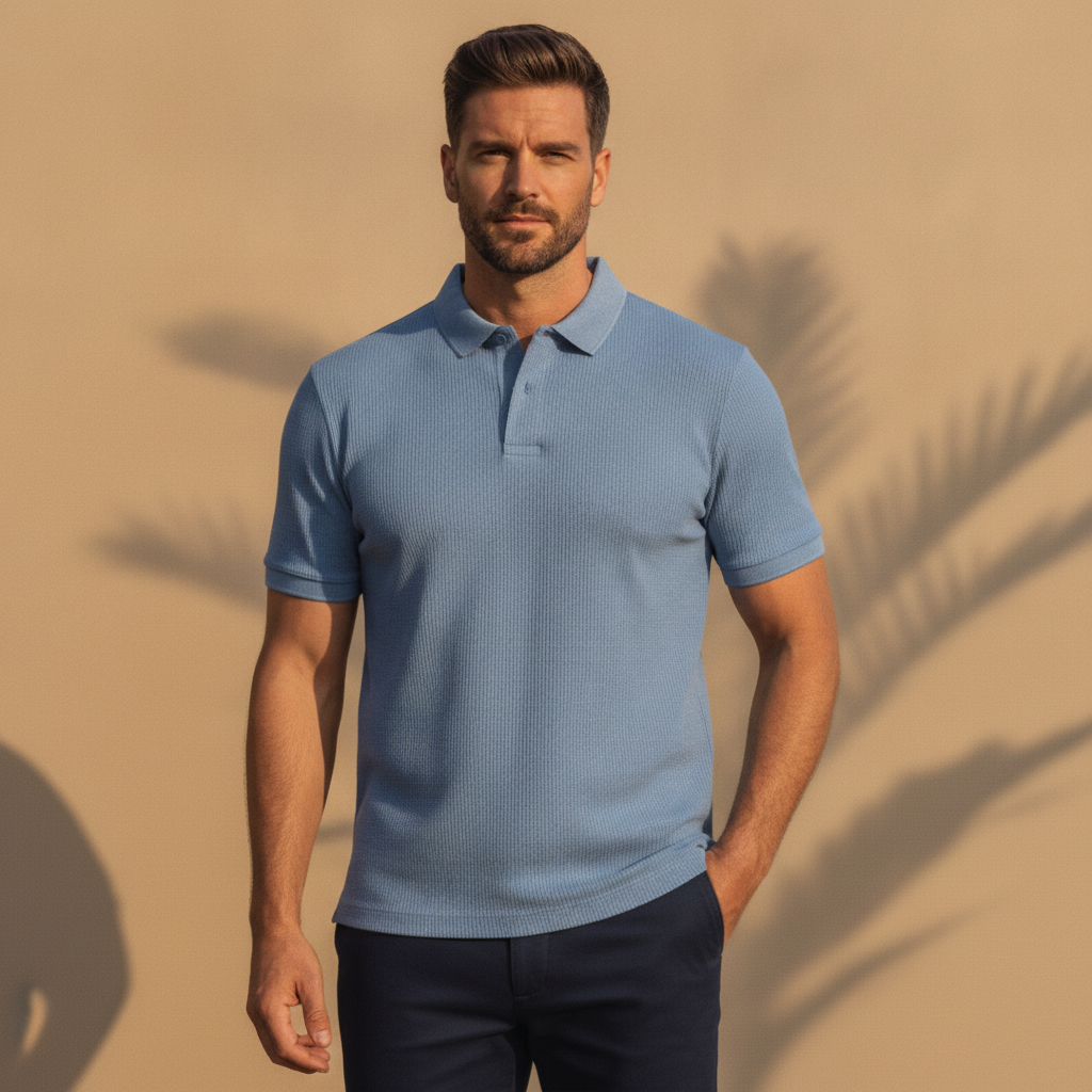 Polo Uomo Vintage Lavata – Effetto Slavato Casual Rétro - Blu Slavato - indossato