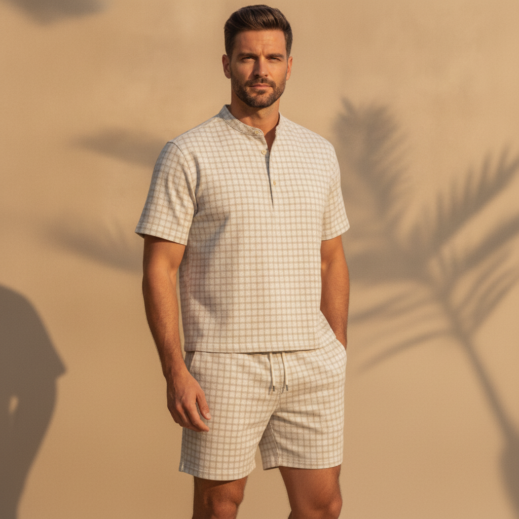 Completo Coordinato Uomo Camicia Quadri Windowpane e Pantaloncini - Beige Quadri - indossato