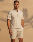 Completo Coordinato Uomo Camicia Quadri Windowpane e Pantaloncini - Beige Quadri - indossato