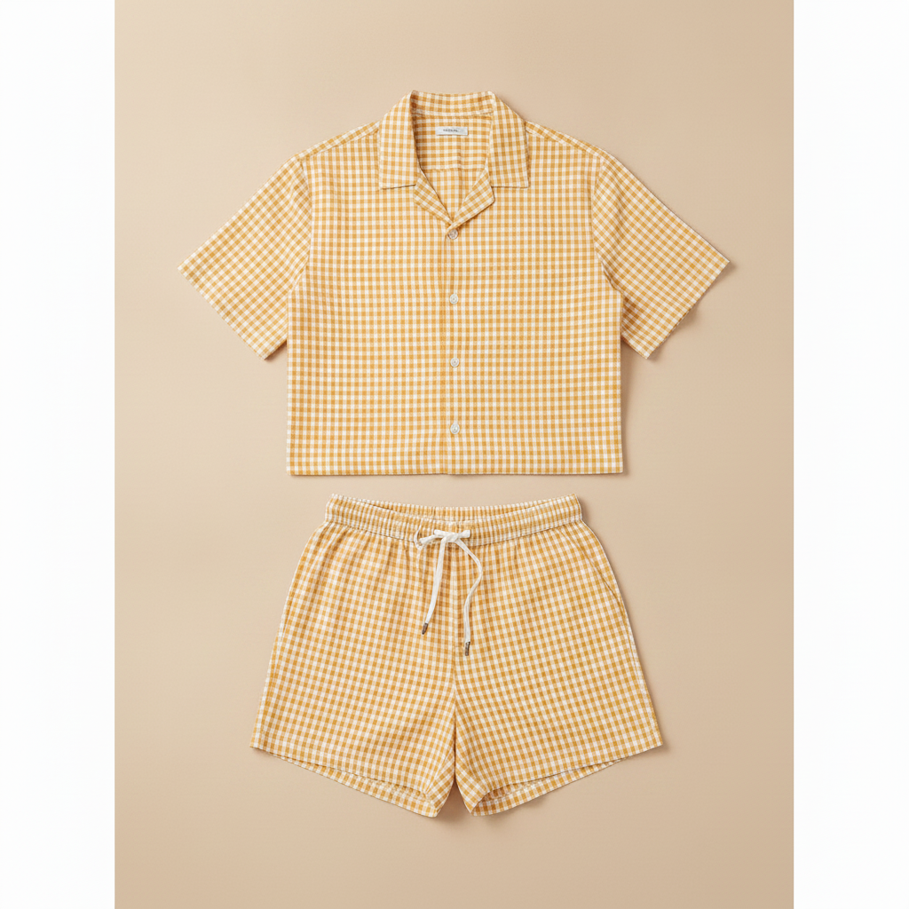 Completo Coordinato Uomo Camicia Quadretti Vichy e Pantaloncini - Giallo e Bianco