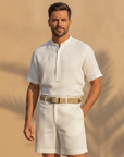 Completo Coordinato Uomo Camicia Lino Premium e Pantaloncini con Cintura - Bianco Panna - indossato