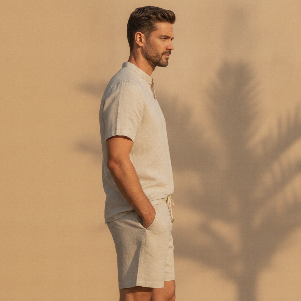 Completo Coordinato Uomo Colletto Coreana in Lino e Pantaloncini - vista laterale