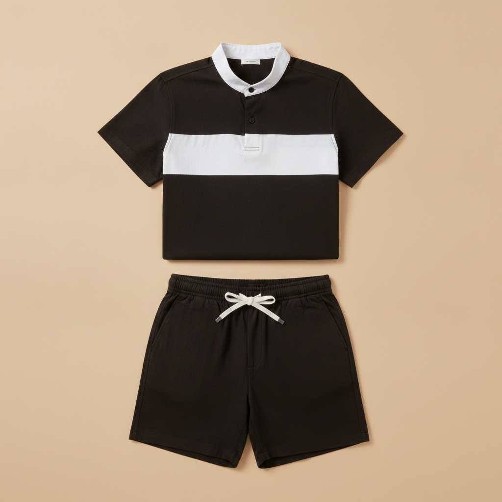 Completo Coordinato Uomo Camicia Colletto a Contrasto e Pantaloncini - Nero con Bianco