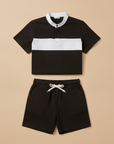 Completo Coordinato Uomo Camicia Colletto a Contrasto e Pantaloncini - Nero con Bianco