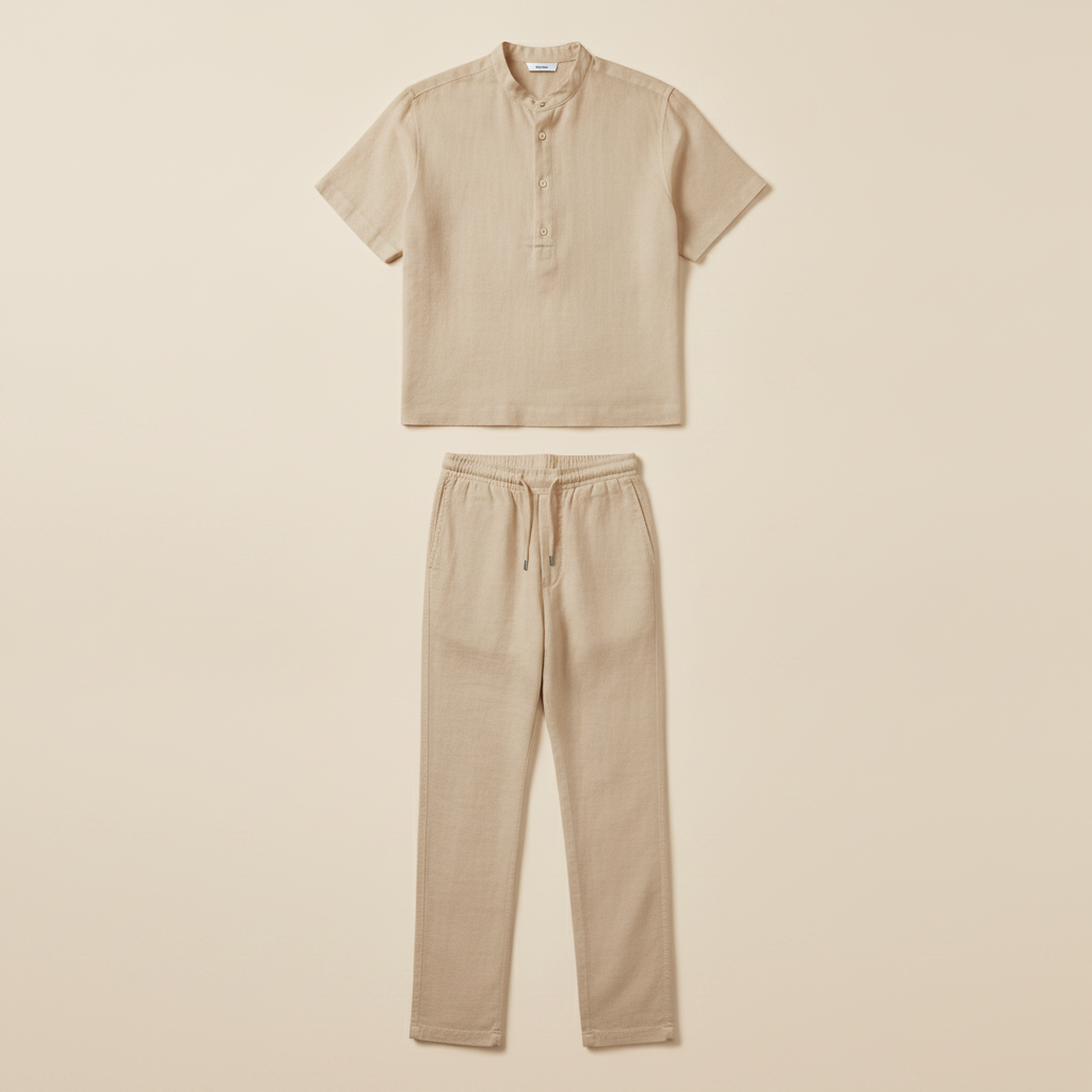 Completo Coordinato Uomo Camicia Lino e Pantaloni Lunghi - Beige Naturale