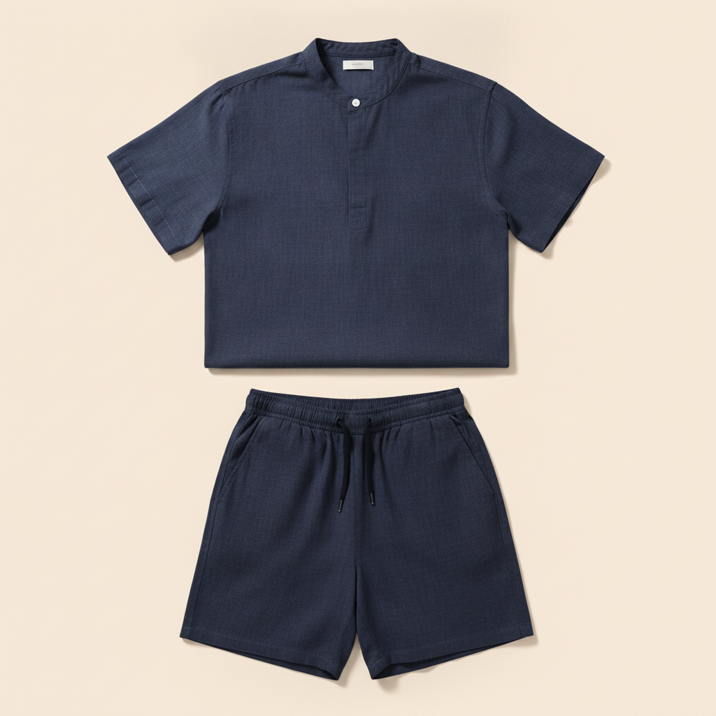 Completo Coordinato Uomo Camicia Chambray e Pantaloncini - Indaco