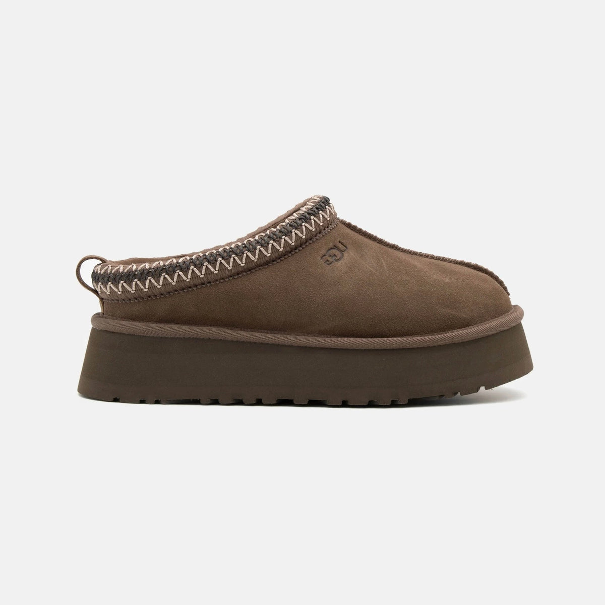 UGG Tazz Hickory ciabatte platform donna in pelle scamosciata e montone marrone hickory, vista laterale