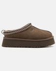 UGG Tazz Hickory ciabatte platform donna in pelle scamosciata e montone marrone hickory, vista laterale