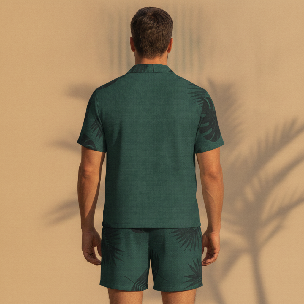 Completo Coordinato Uomo Camicia Camp Fantasia Foglie e Pantaloncini - vista posteriore