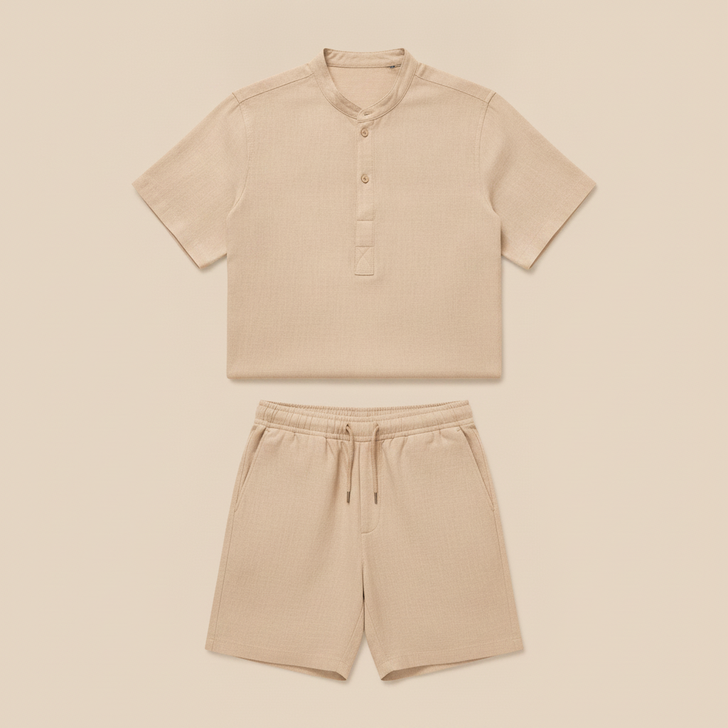 Completo Coordinato Uomo Camicia Popover e Pantaloncini - Beige