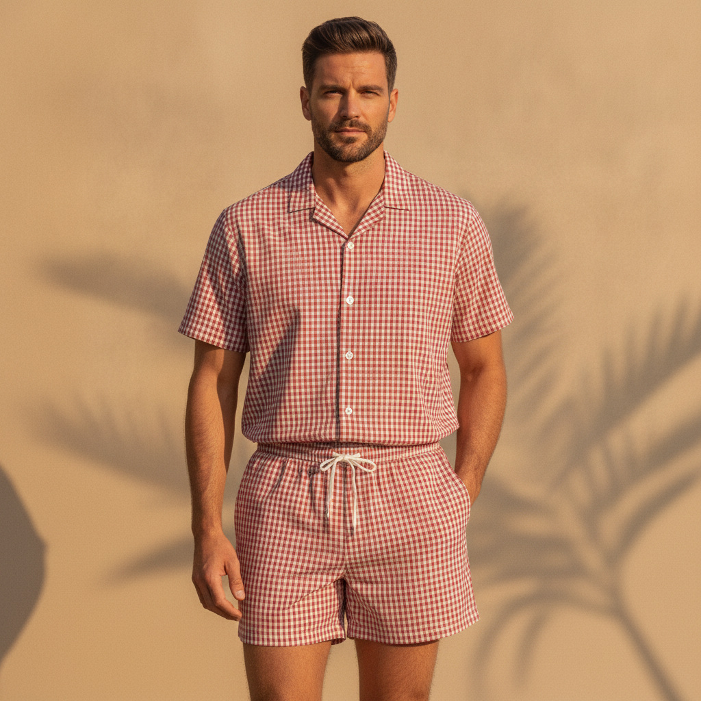 Completo Coordinato Uomo Camicia Quadretti Vichy e Pantaloncini - Rosso e Bianco - indossato
