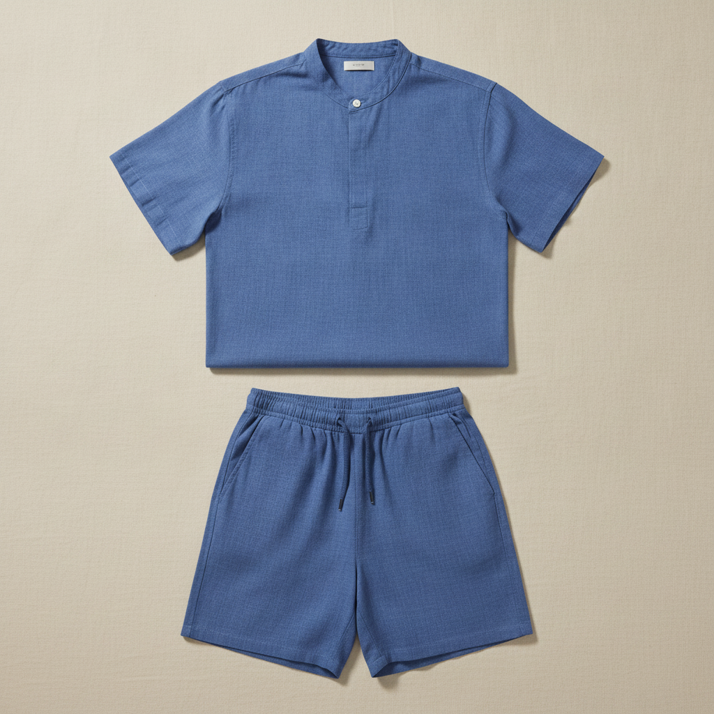 Completo Coordinato Uomo Camicia Chambray e Pantaloncini - Blu Medio