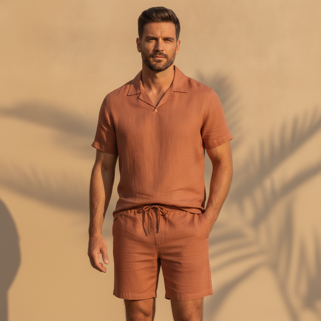 Completo Coordinato Uomo Camicia Cuban Collar Tinta Unita e Pantaloncini - Terracotta - indossato