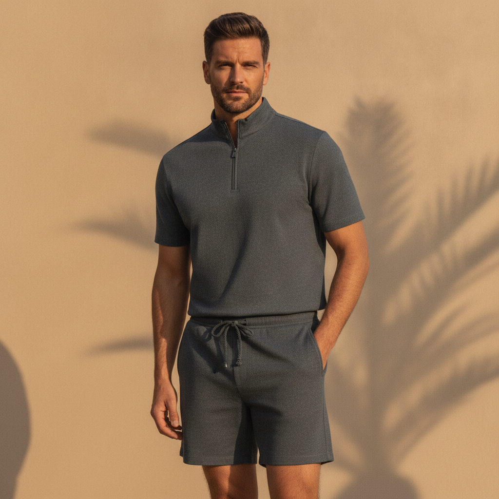 Completo Coordinato Uomo Polo Zip e Pantaloncini - Grigio Scuro - indossato