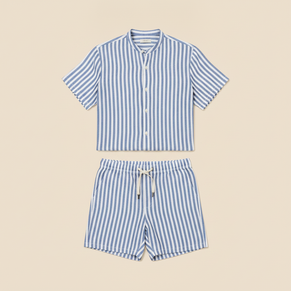 Completo Coordinato Uomo Camicia Lino a Righe e Pantaloncini - Azzurro e Bianco