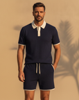 Completo Coordinato Uomo Polo Bicolore e Pantaloncini - Navy e Panna - indossato