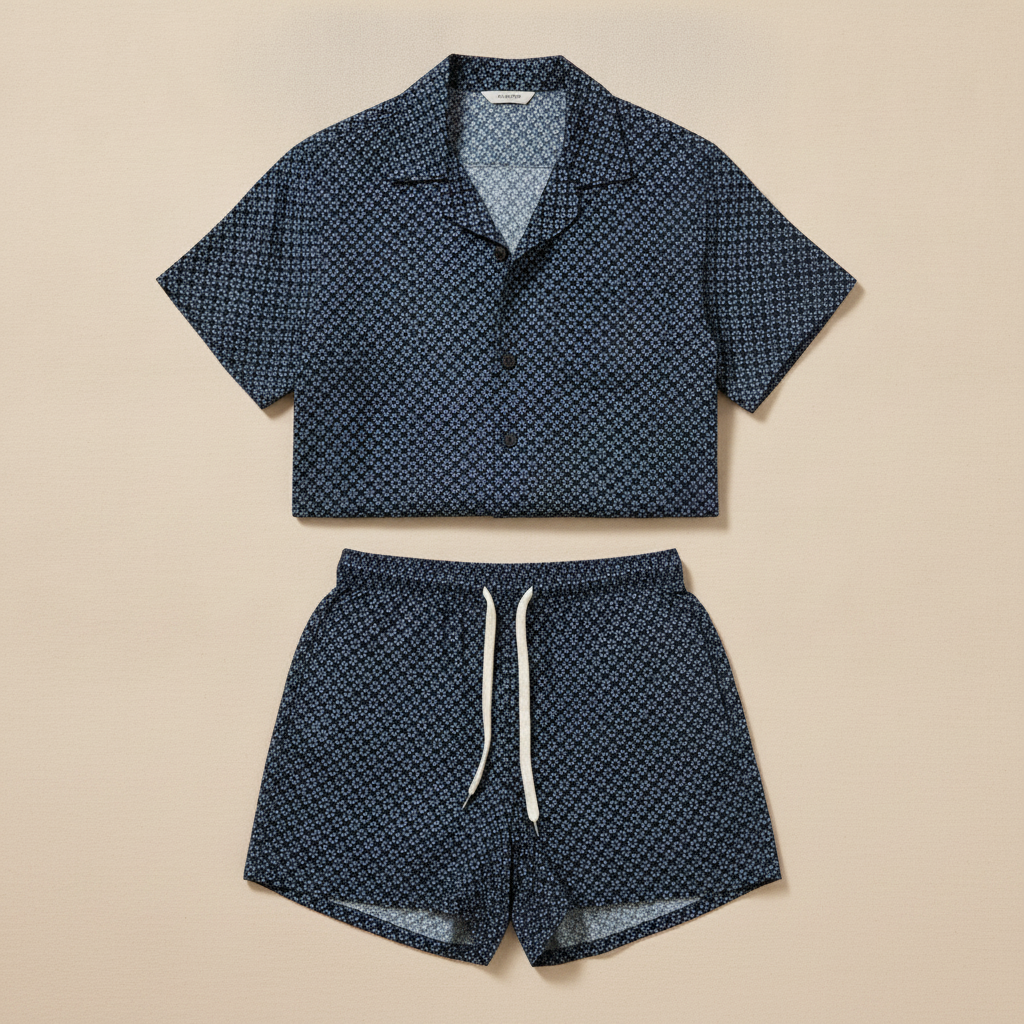 Completo Coordinato Uomo Camicia Geometrica e Pantaloncini - Geometrico Navy