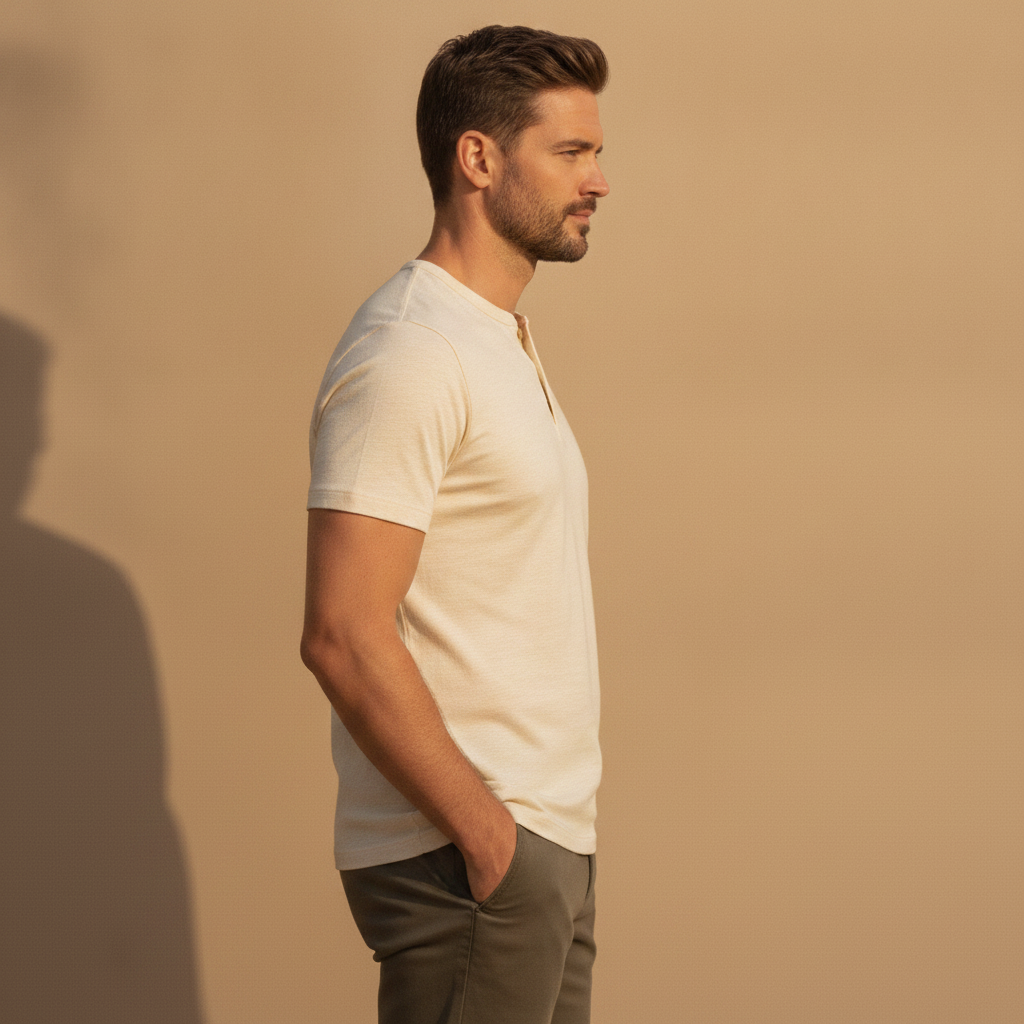 T-shirt Henley Uomo Manica Corta – Colletto con Bottoni Casual Chic - vista laterale