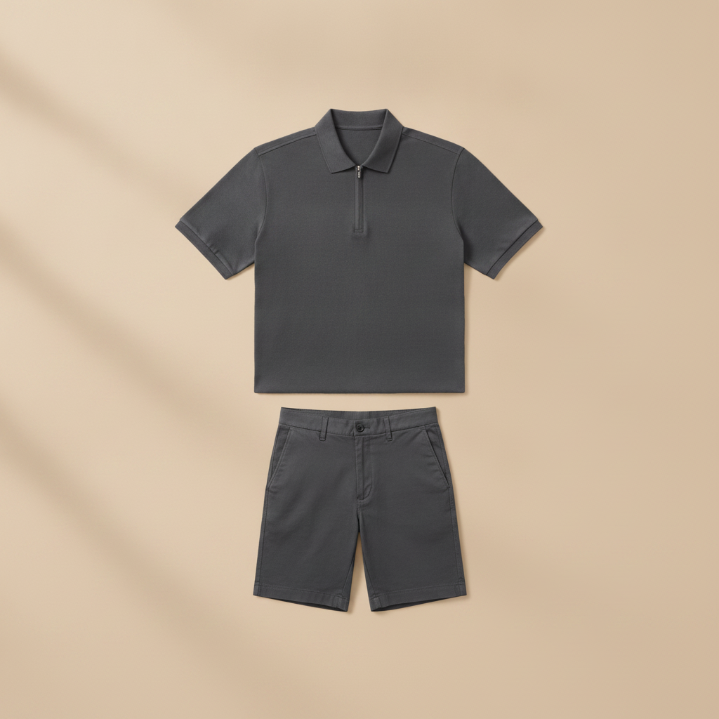Completo Coordinato Uomo Polo Zip e Bermuda - Grigio Antracite