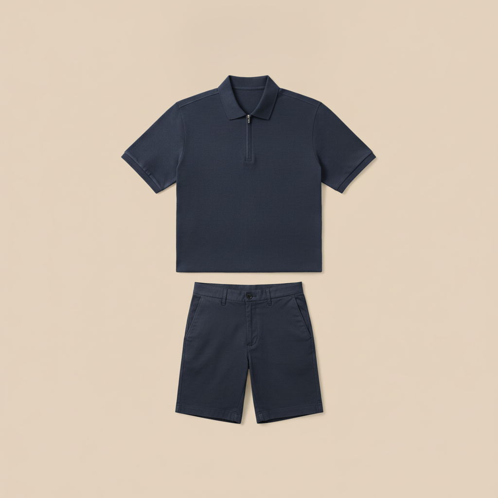 Completo Coordinato Uomo Polo Zip e Bermuda - Blu Navy