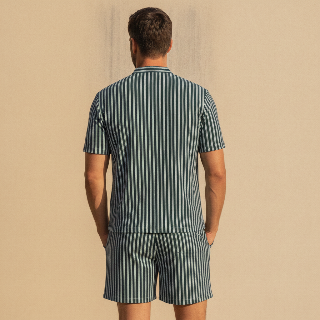 Completo Coordinato Uomo Camicia a Righe Verticali e Pantaloncini - vista posteriore
