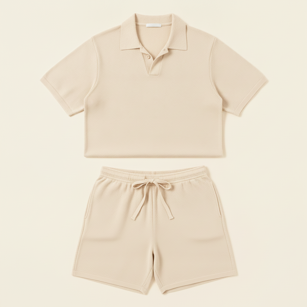 Completo Coordinato Uomo Polo Tricot e Pantaloncini - Bianco Panna