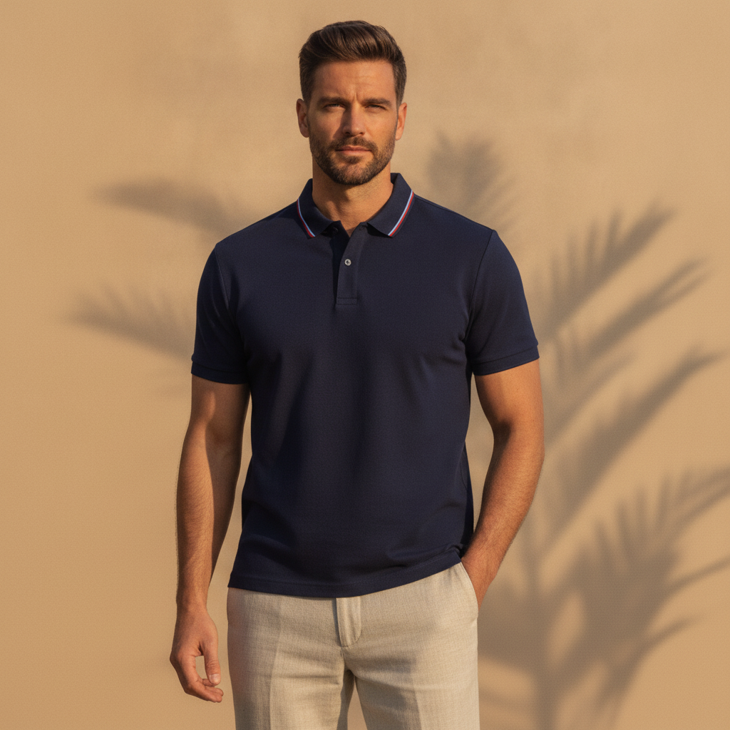 Polo Uomo Colletto a Righe Multiple – Bordi Rigati Eleganti - Navy con Righe - indossato
