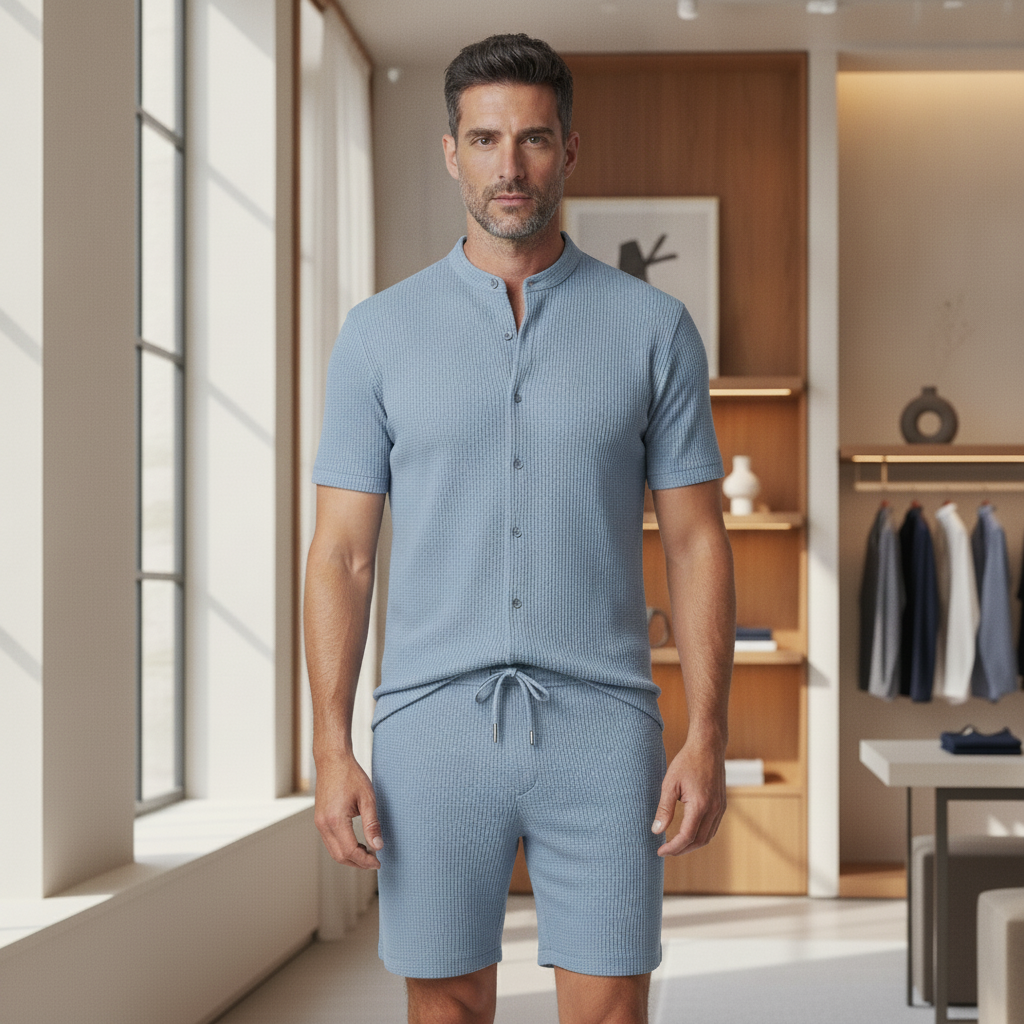 Completo Coordinato Uomo a Coste – Camicia Colletto Coreana e Pantaloncini - Azzurro Righe - indossato
