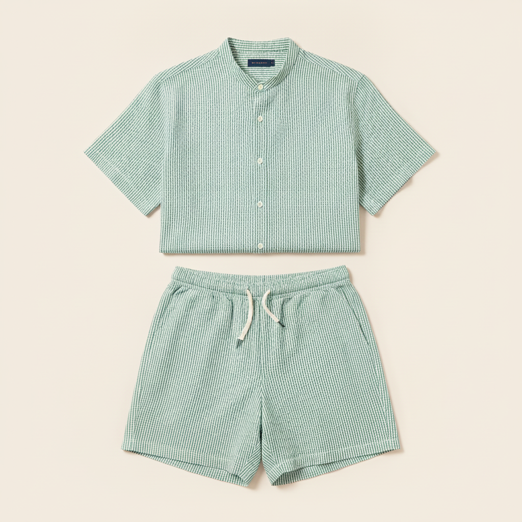 Completo Coordinato Uomo Camicia Seersucker e Pantaloncini - Verde e Bianco