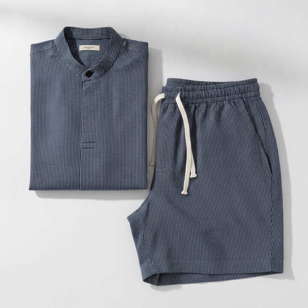 Completo Coordinato Uomo a Coste – Camicia Colletto Coreana e Pantaloncini - vista prodotto flat