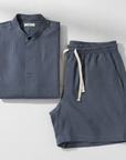 Completo Coordinato Uomo a Coste – Camicia Colletto Coreana e Pantaloncini - vista prodotto flat