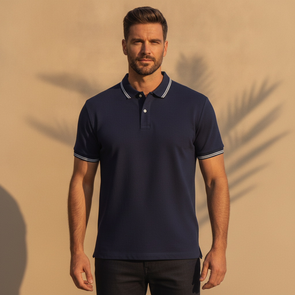 Polo Uomo con Bordi a Contrasto – Colletto e Polsini Rigati Eleganti - Navy con Bianco - indossato