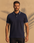 Polo Uomo con Bordi a Contrasto – Colletto e Polsini Rigati Eleganti - Navy con Bianco - indossato