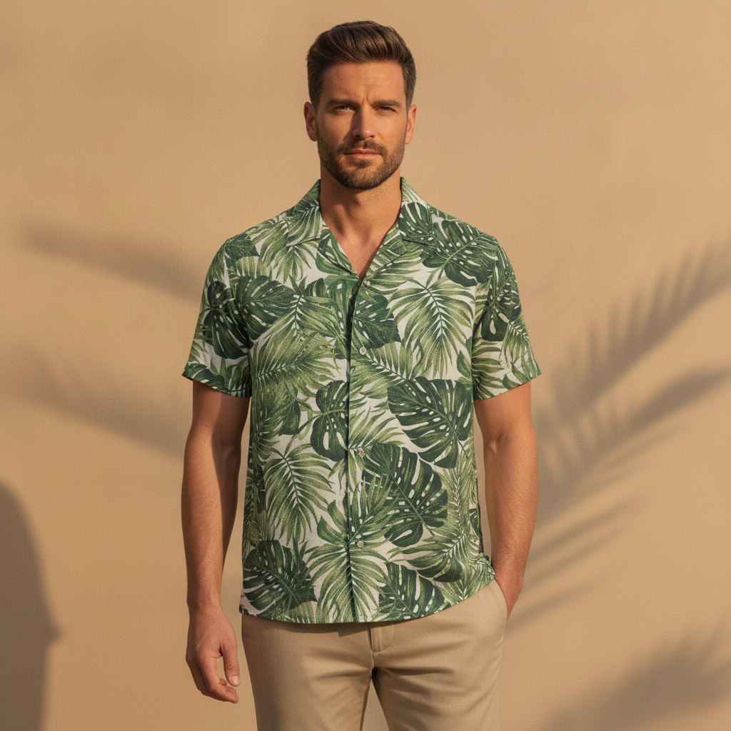 Camicia Uomo Camp Collar Fantasia Tropicale – Stile Vacanza - Foglie Verdi - indossato